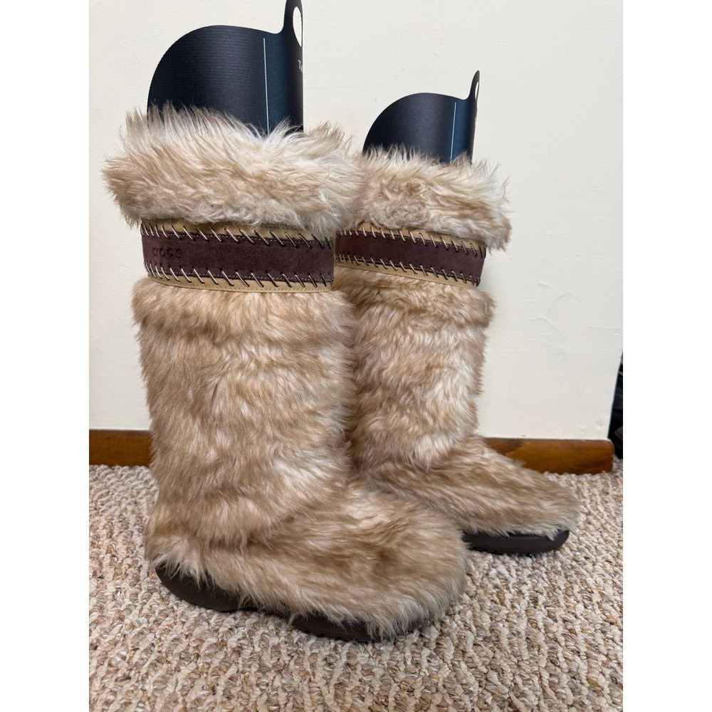 RARE Crocs Y2K Nadia Faux Fur Winter Boots Brown Shaggy Tall Pull On Women's 7